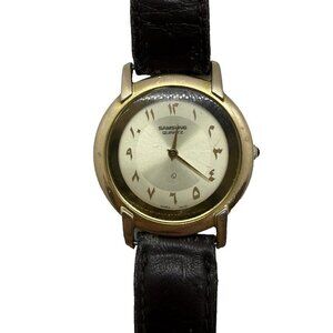 Vtg Samsung Quartz Watch Women's Gold Tone Analog Brown Leather Band EA-059A